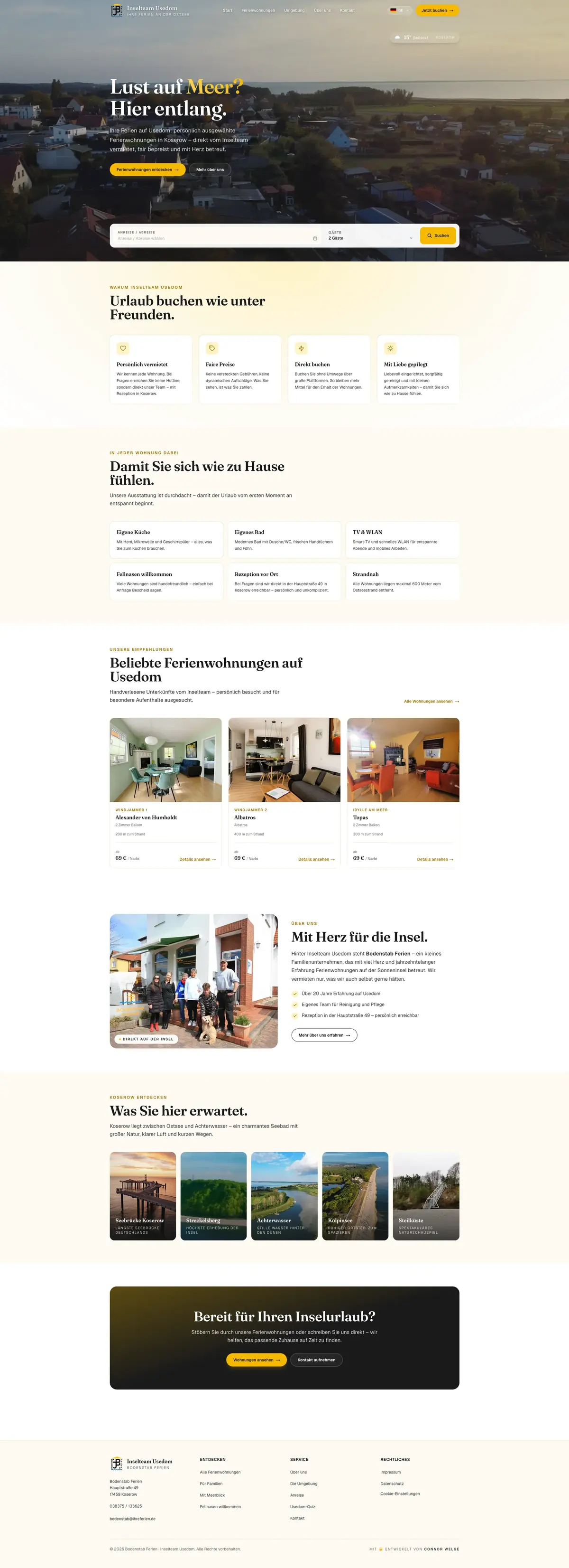 Screenshot der Website: Inselteam Usedom – Hospitality & Buchung