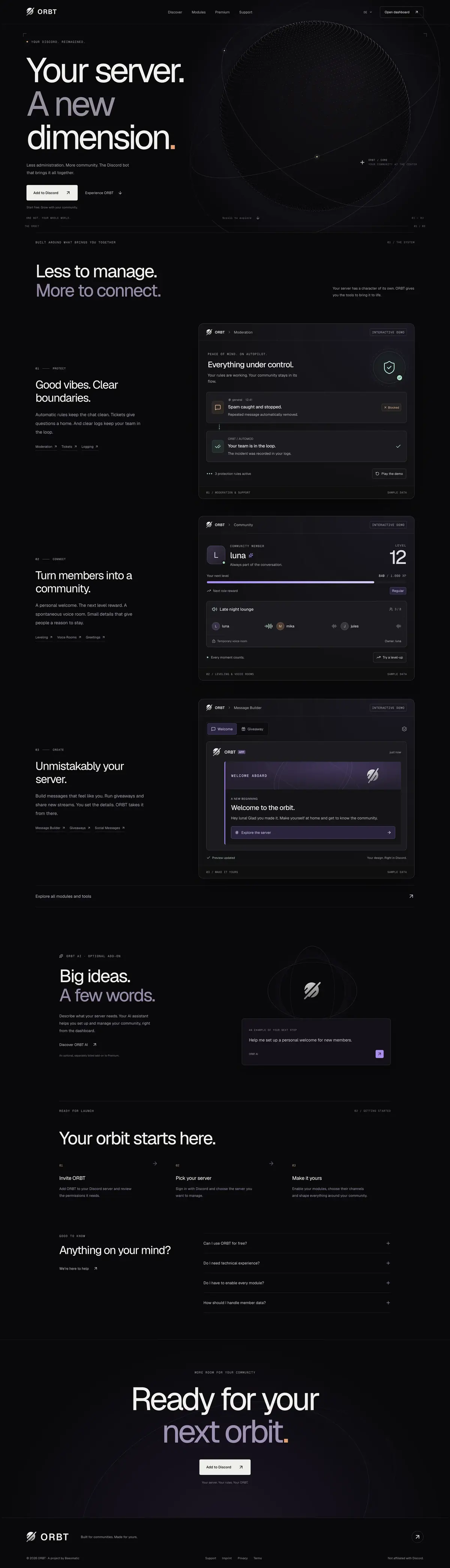 Screenshot der Website: Orbt – Discord-Bot & Dashboard
