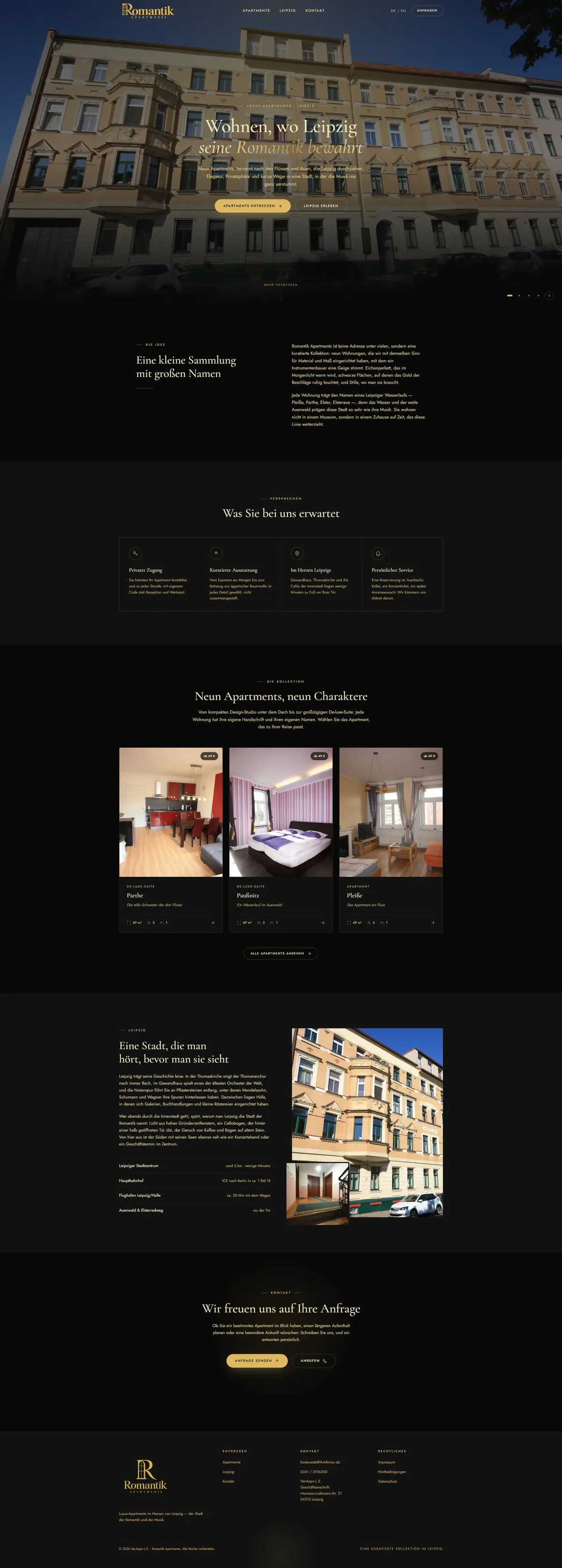 Screenshot der Website: Romantik Apartments – Hospitality & Buchung