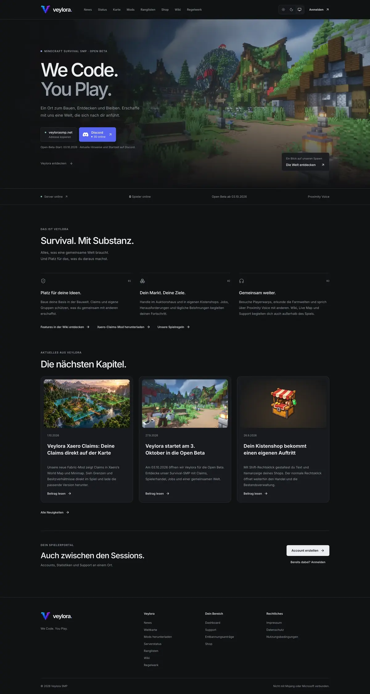 Screenshot der Website: VeyloraSMP – Gaming-Community & Plattform
